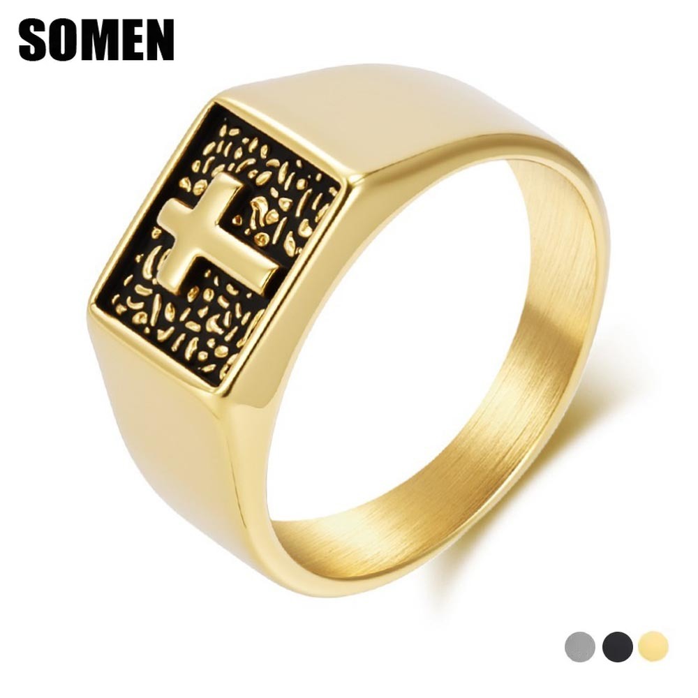 Signet Ring Men - Somen Vintage Stainless Steel Cross Signet