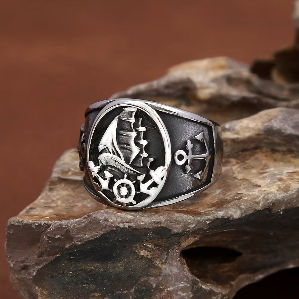 Signet Ring Men - Vintage Nautical Nordic Sailboat Pirate Signet
