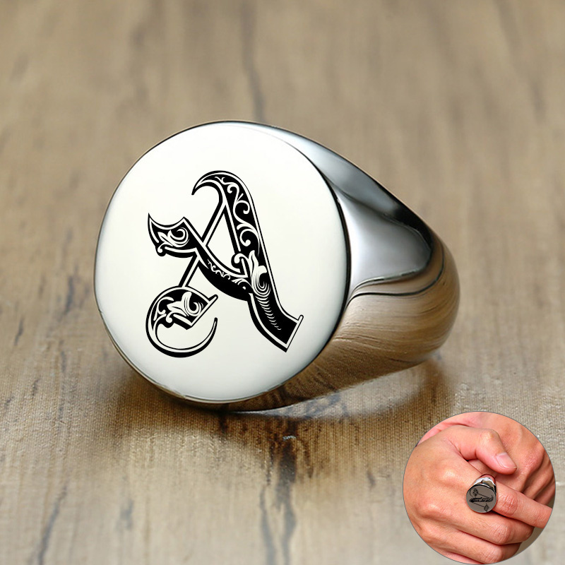 Signet Ring Men - Vnox Stylish Pattern Font Initial Stamp