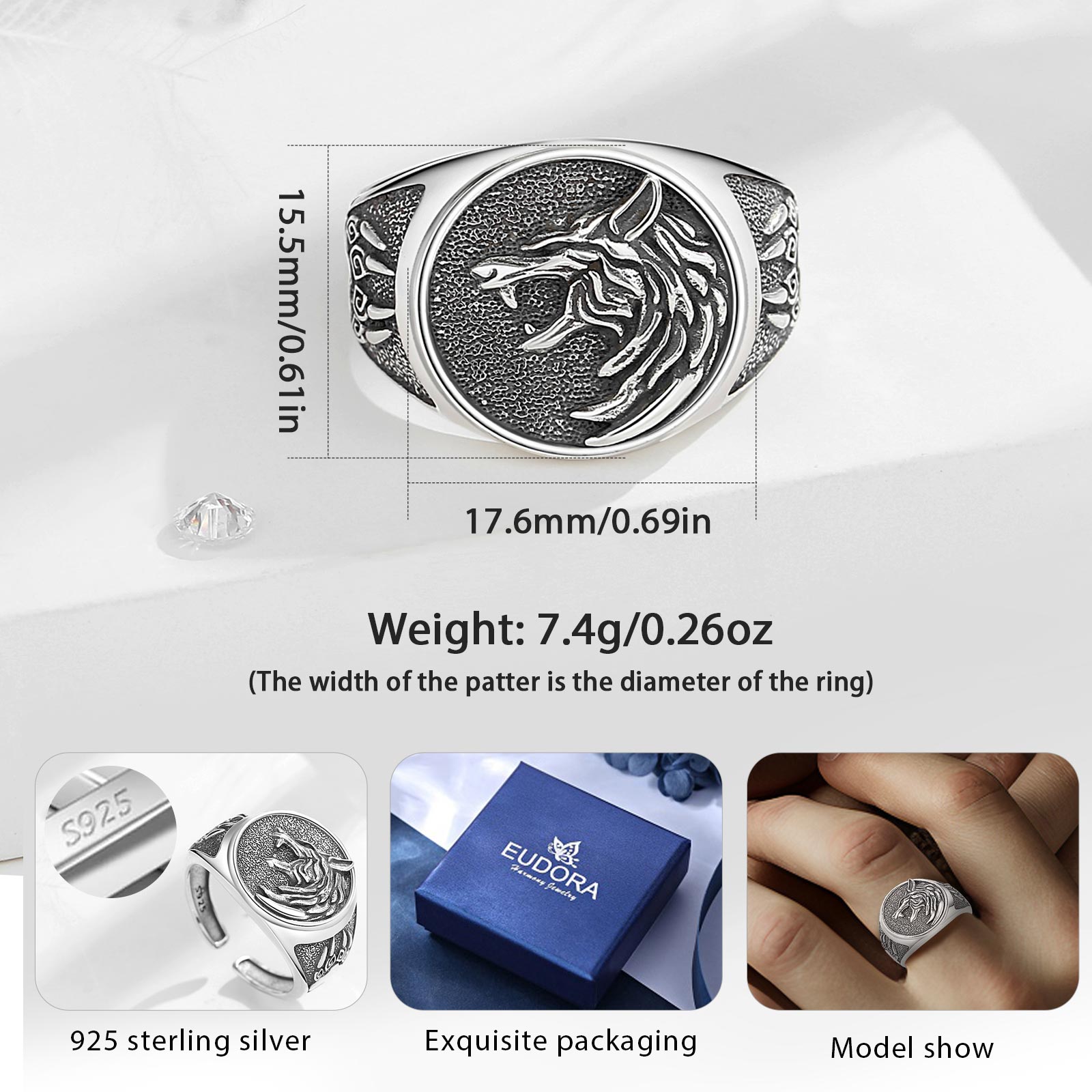 Eudora 925 Sterling Silver Vik - Signet Ring Men recension och pris